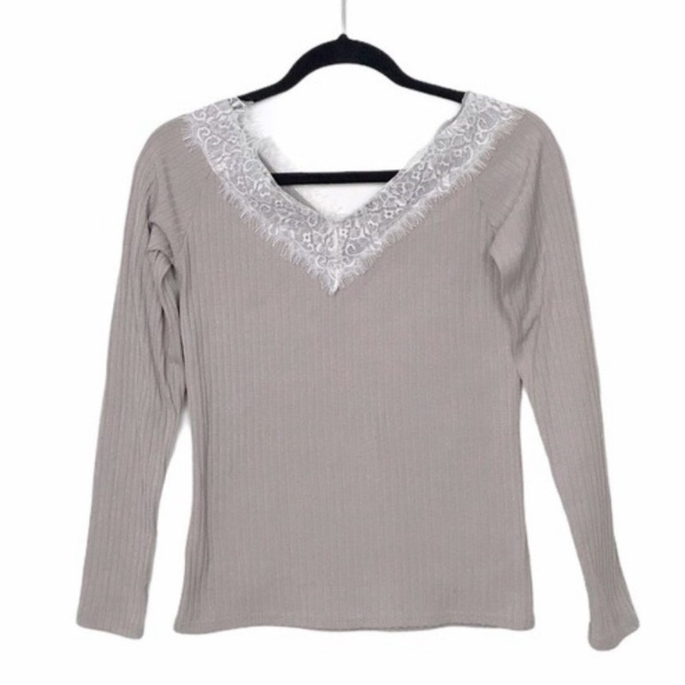 Ray Cassin Taupe Ribbed Lace Deep V Neck Sweater